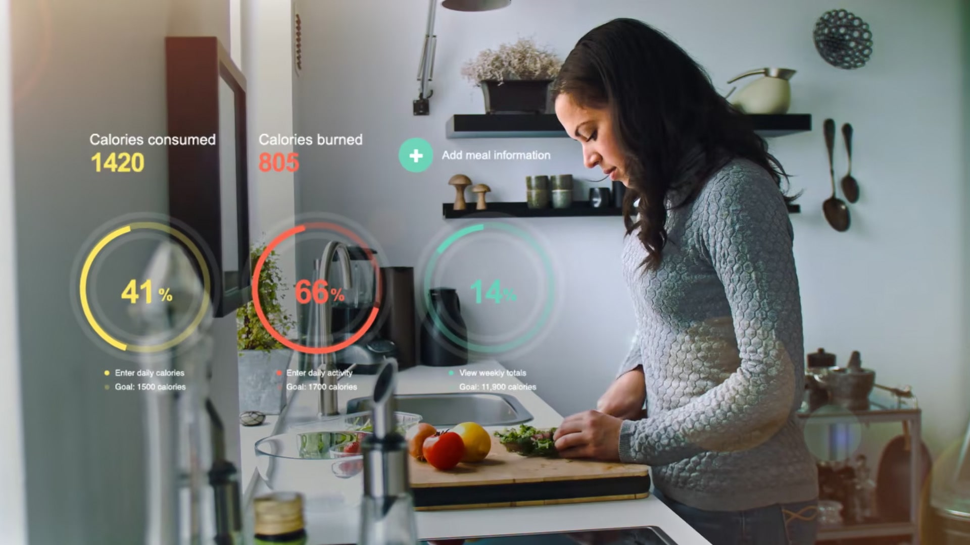 A screengrab from the event video design. A woman chopping vegetables in the kitchen with graphic overlays over calories consumer and calories burned.