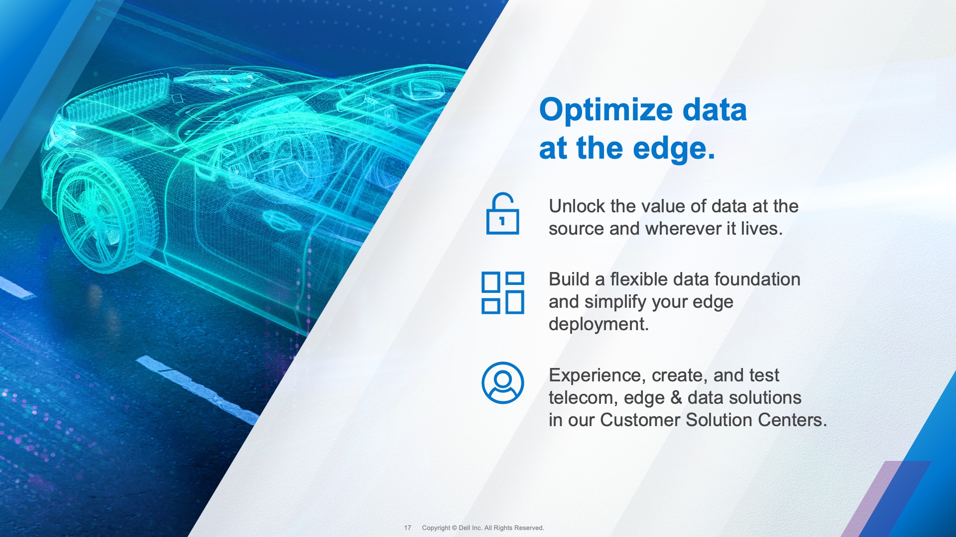 A slide design for the Dell Data Anywhere presentation. It shows a modern car 3D wireframe model to depict data at the edge.