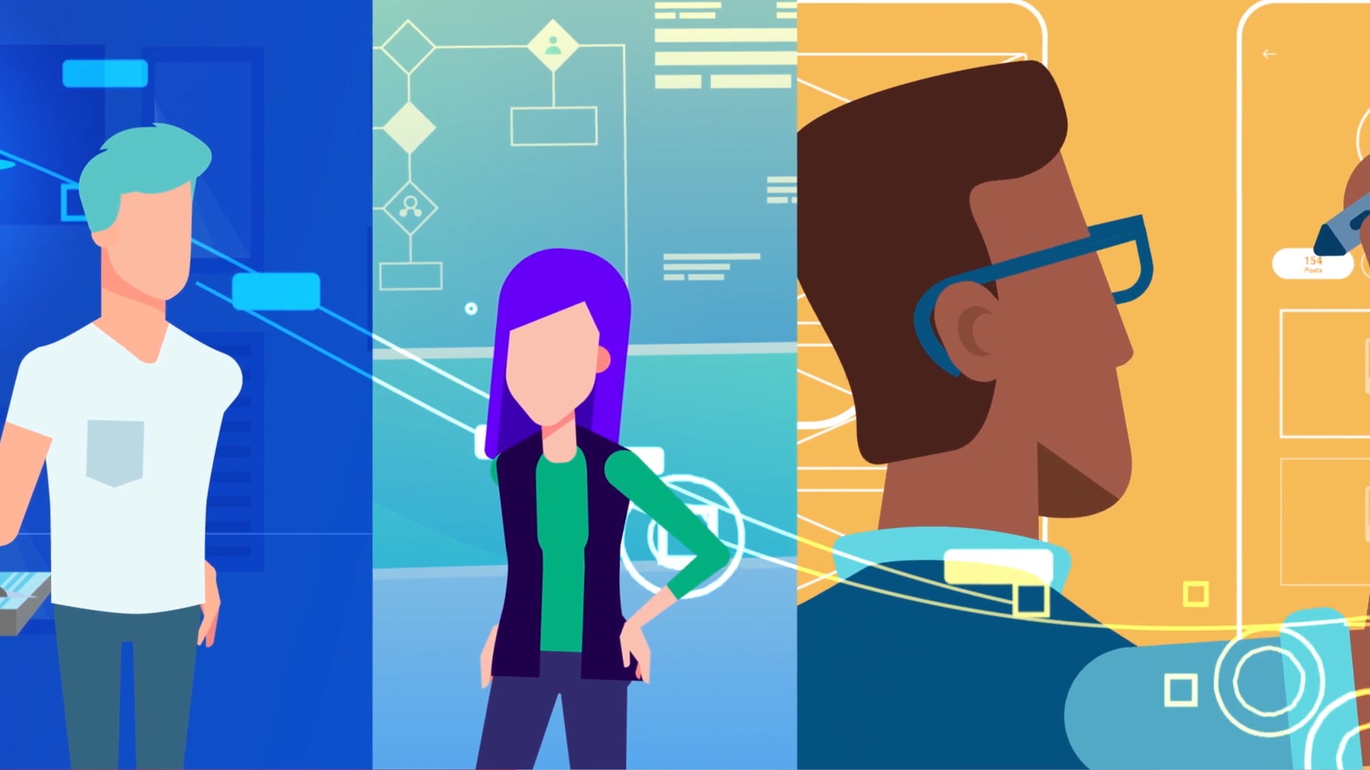 An image from the 2019 DevOps World Jenkins World event opening video. Characters illustrate the development teams working seamlessly together.
