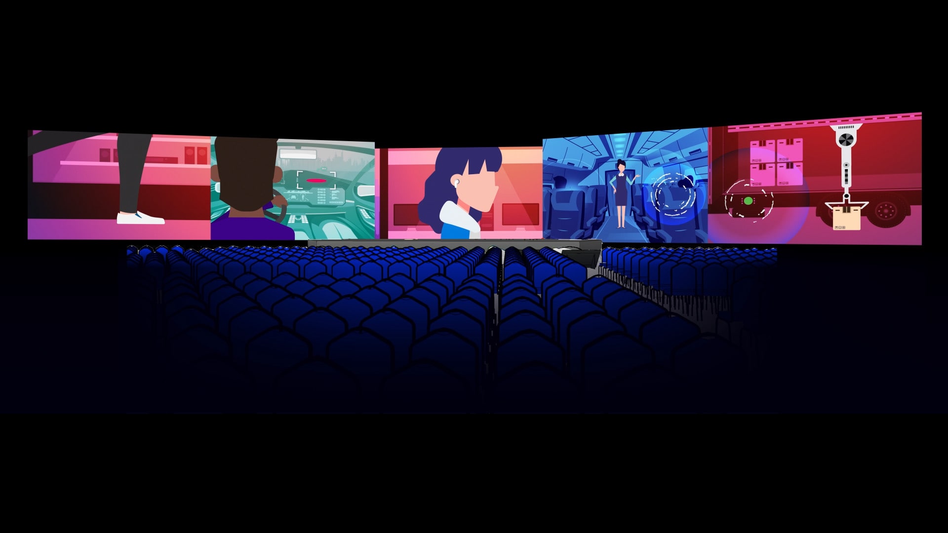 A stage mockup of the 2019 DevOps World Jenkins World opening video. Character illustrations show the potential of DevOps when it works well.