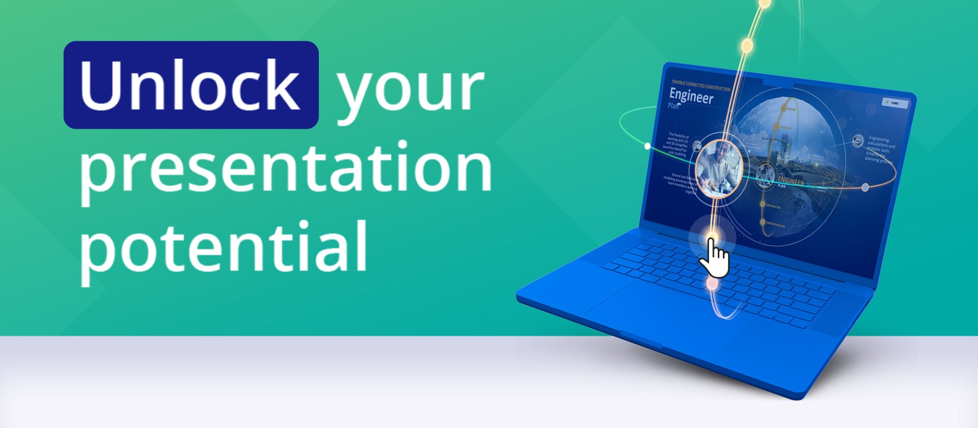 Blog-Interactive presentations A blue laptop with a CGI interactive project on the screen. Text states "Unlock your presentation potential"