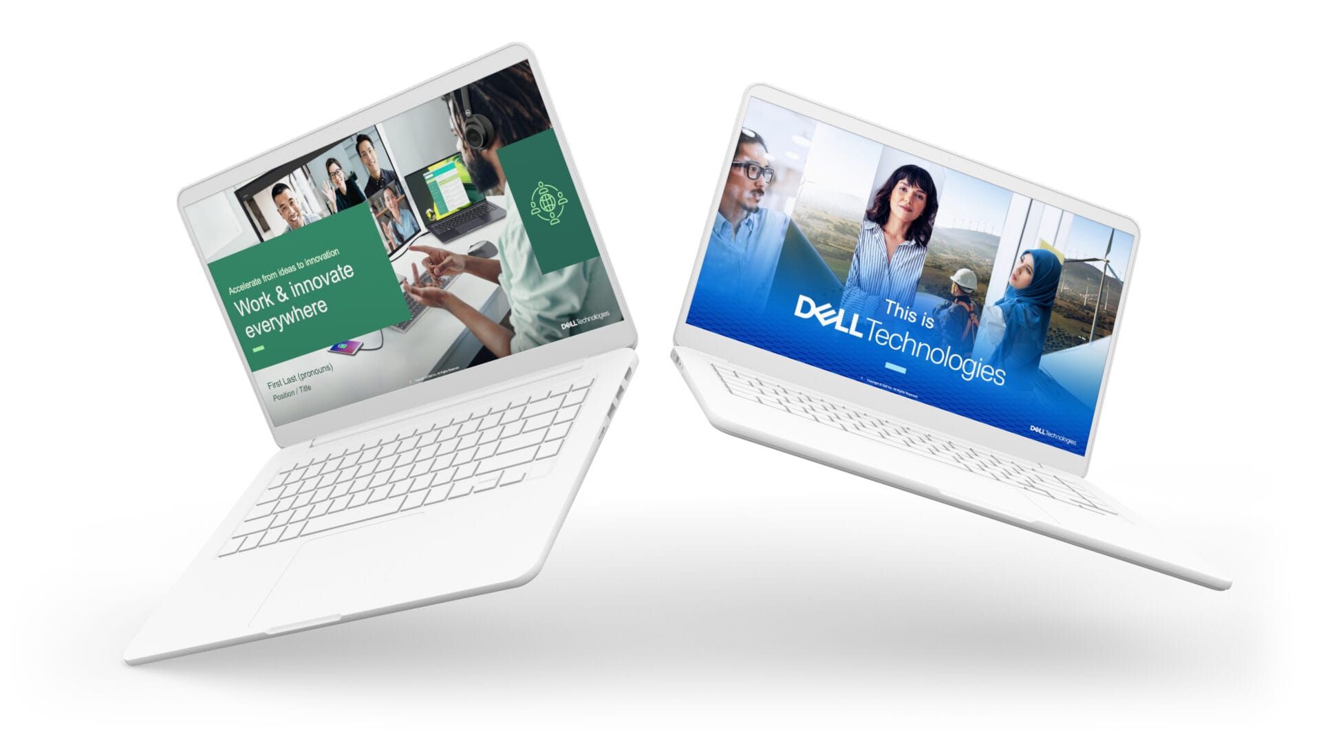 DTA-PC-float Two white laptops with slides from the Dell Technologies Advantage presentation on the screens.