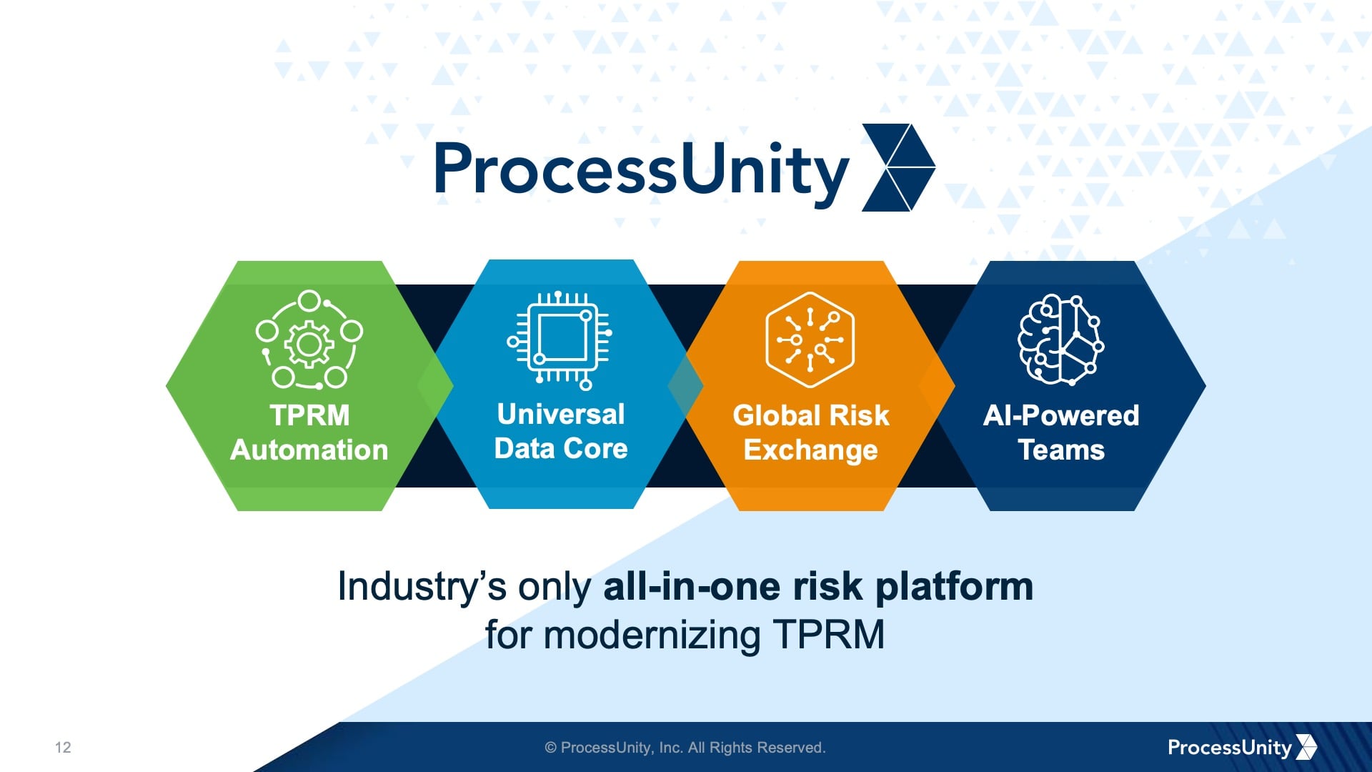 Process Unity slide 5 A slide design from the Process Unity presentation with four icons representing the pillars of a TPRM force multiplier.