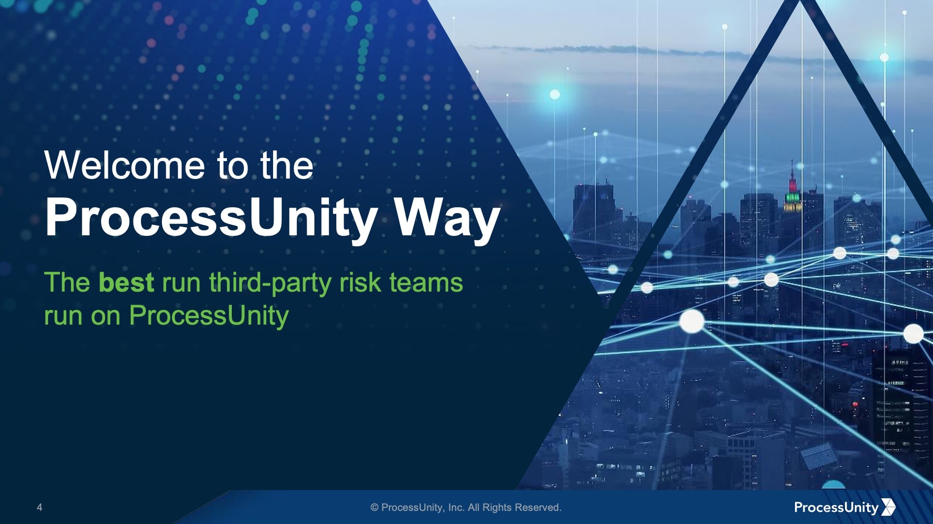 Process Unity slide 2 A slide design from the Process Unity presentation with a city image inside triangles.